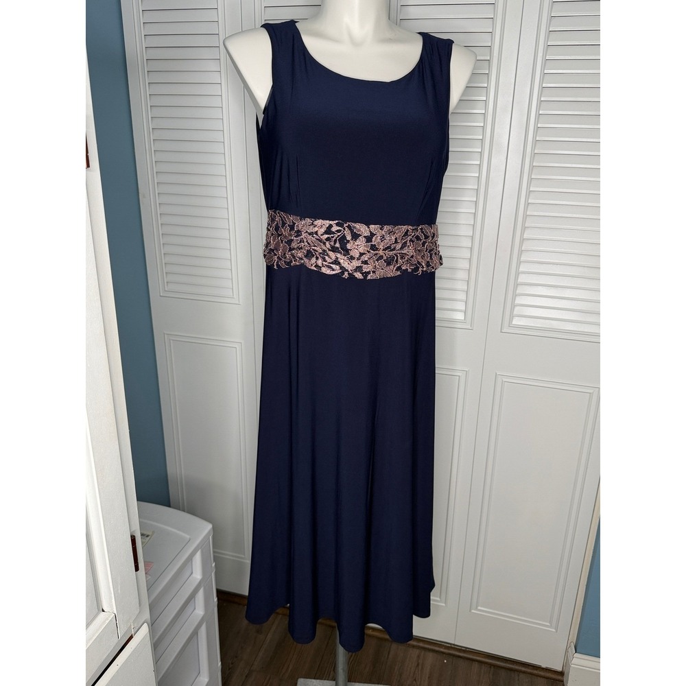 JH Evenings Navy Blue Sleeveless Maxi Dress Rose Gold Lace Waist Formal Gown